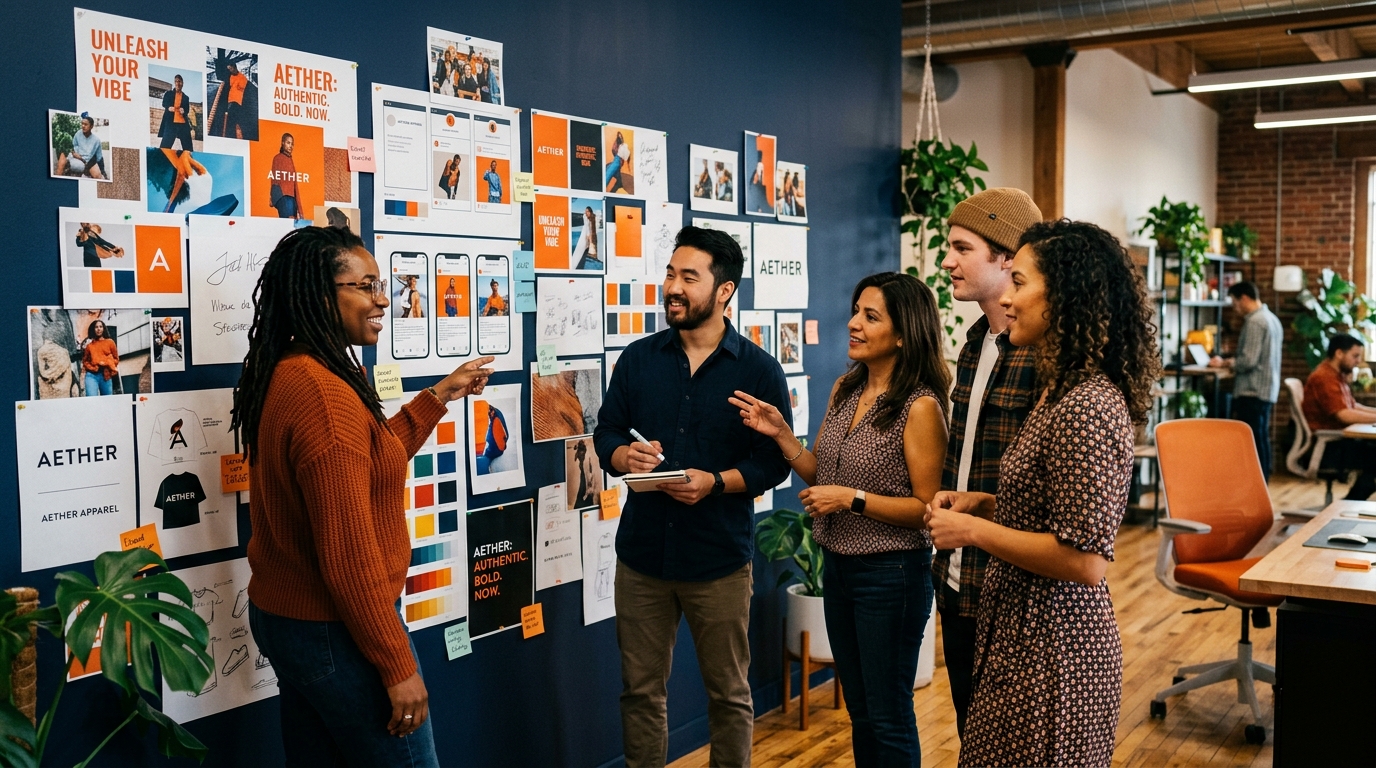 Inside the Vivid Media studio — the team reviewing a brand strategy moodboard