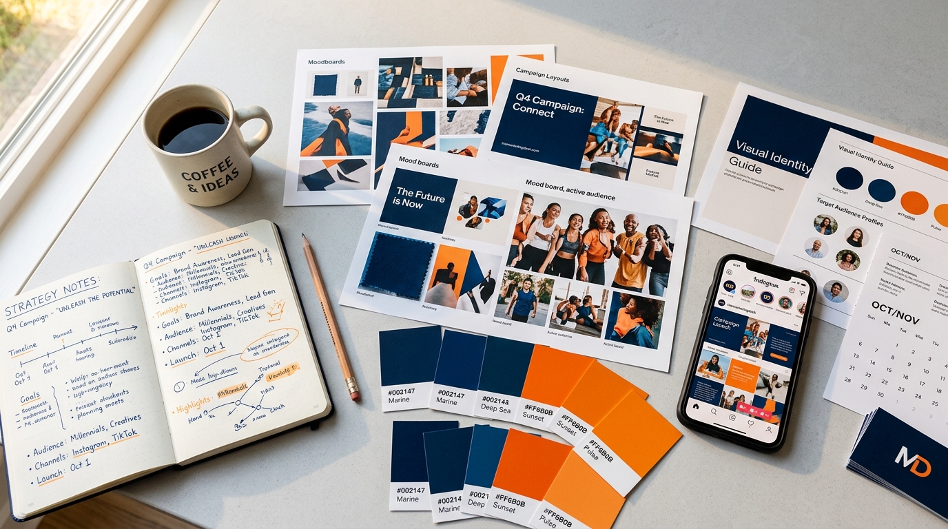 Campaign planning table — moodboards, strategy notes and brand color swatches