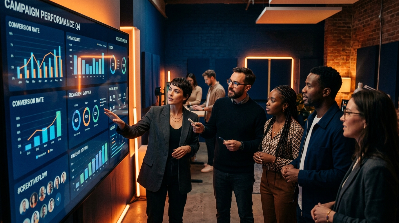 The Vivid Media team reviewing live campaign performance dashboards
